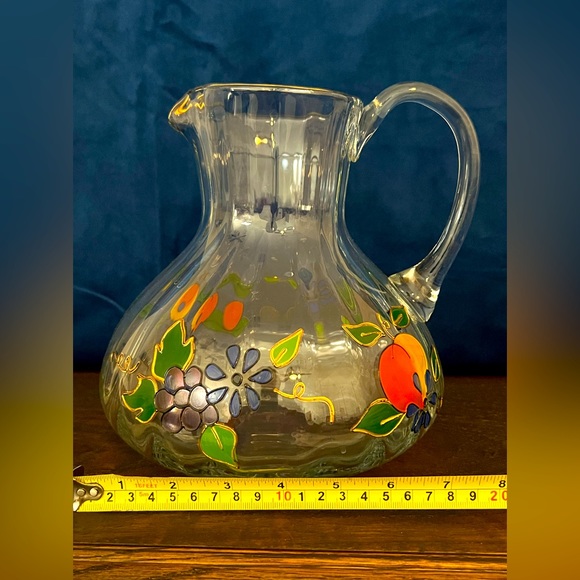 Vtg Handcrafted Lead Crystal Romanian Pitcher Raised Painted Detail Fruit Theme - Picture 3 of 9